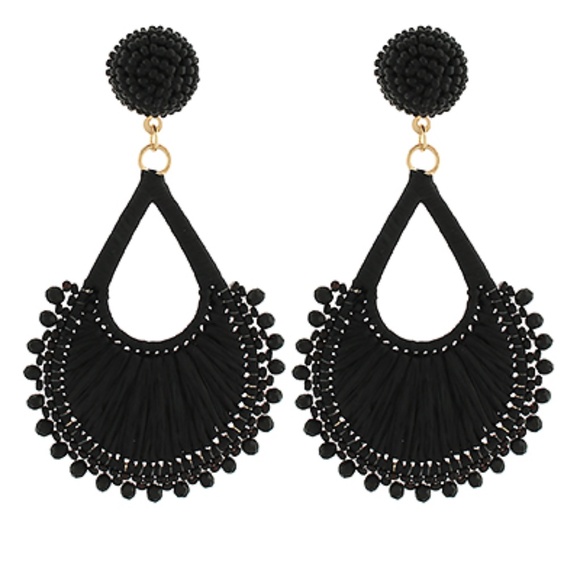 Beaded Teardrop Raffia Drop Earrings - Picture 2 of 2